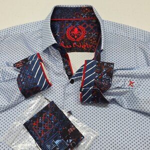 Au Noir Men's Ballerini LT Blue Dress Shirt 3/M Flip Cuff Long Sleeve NWT HANKIE